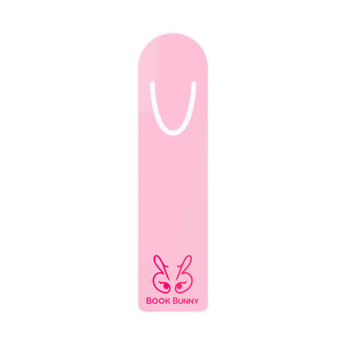 A pink book mark shaped like a bunny head with the text 'BOOK BUNNYY' printed at the bottom, shown on a plain white background.