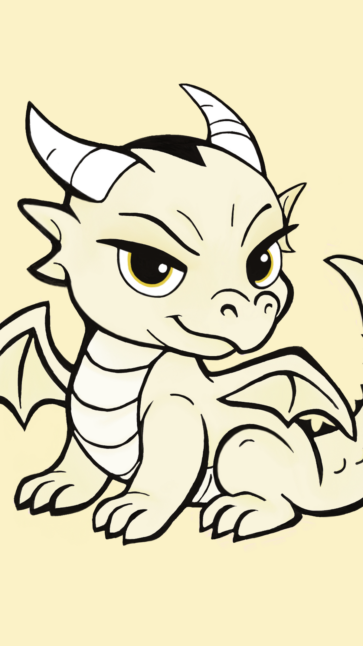 A cute cartoon dragon with horns, wings, and a tail, drawn in black outline with cream-colored fill on a pale yellow background.