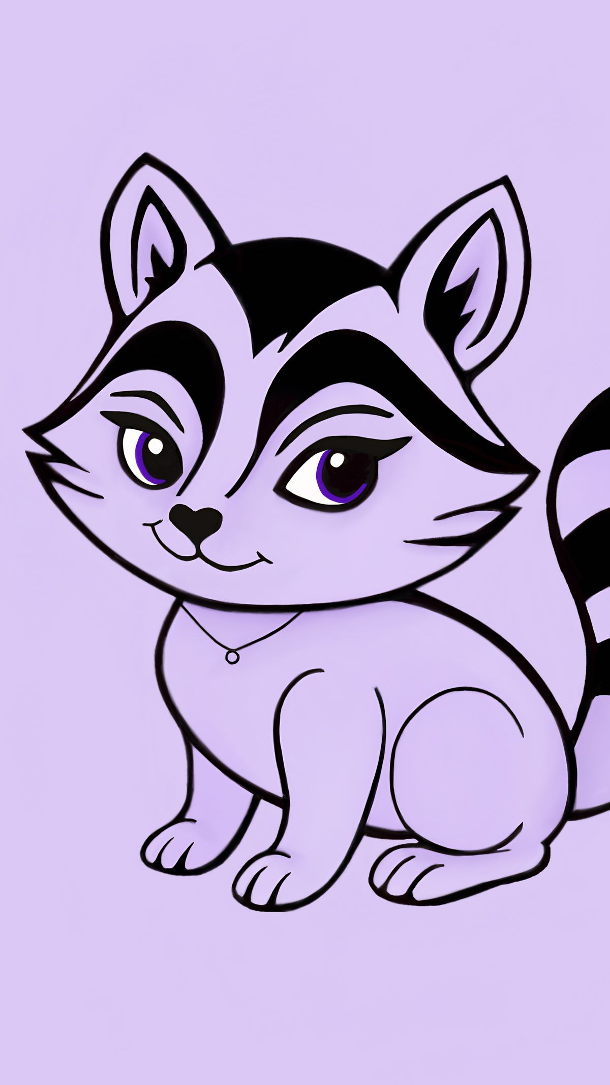 A cute cartoon raccoon character with black and lavender stripes, large purple eyes, and a small silver necklace, centered on a solid lavender background.