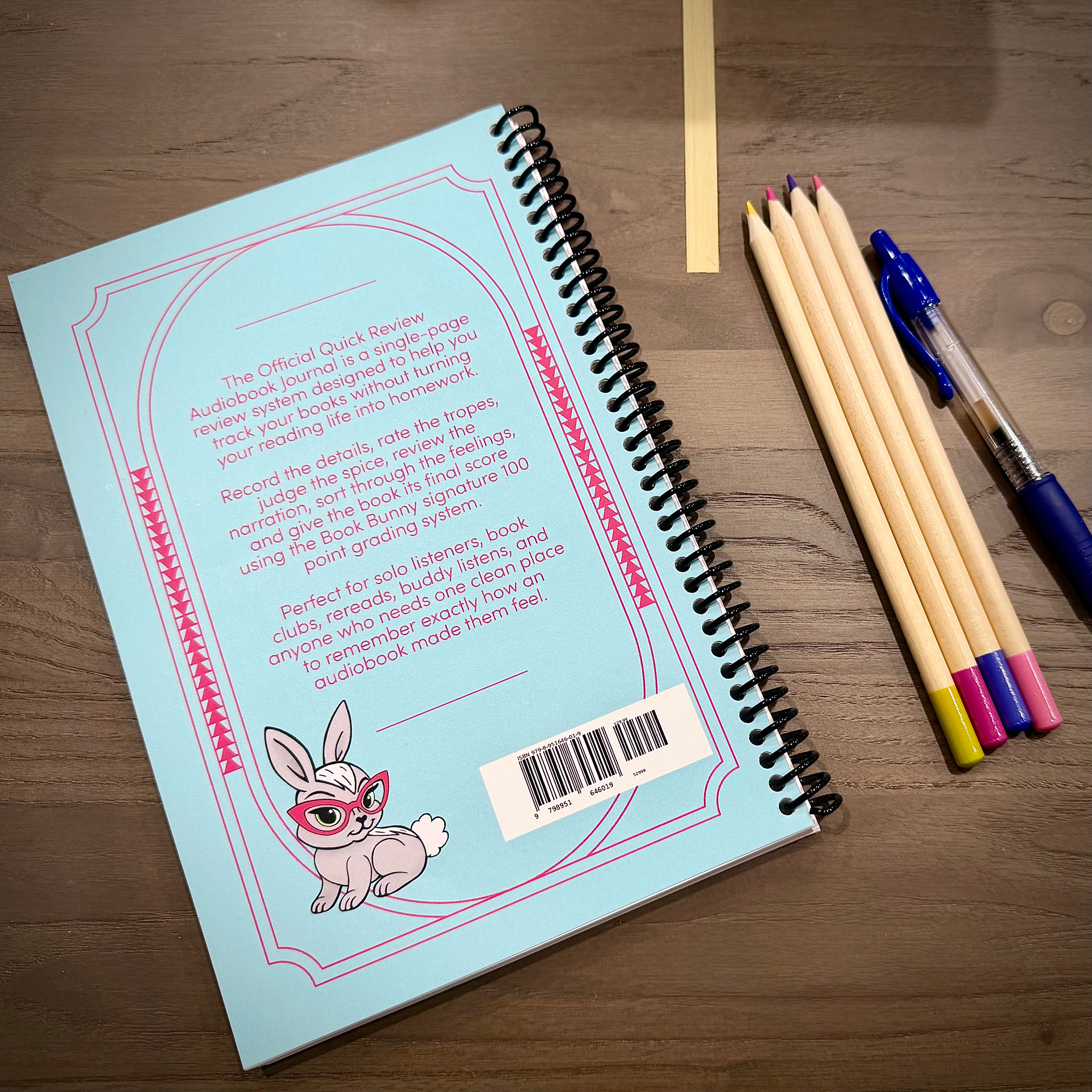 Back cover of the turquoise Book Bunny™ Quick Review Audiobook Journal with the Book Bunny character and ISBN barcode.