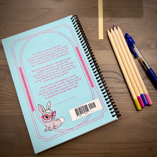 Back cover of the turquoise Book Bunny™ Quick Review Audiobook Journal with the Book Bunny character and ISBN barcode.