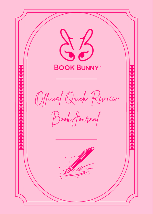 Pink book journal cover and back cover design with decorative pink borders, bunny illustrations, and text reading 'Book Bunny' and 'Official Quick Review Book Journal.'.