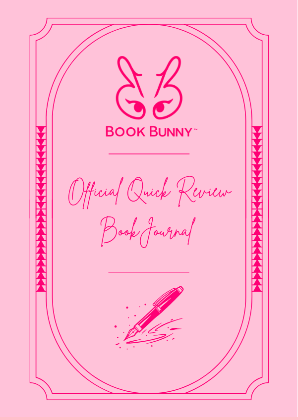 Pink book journal cover and back cover design with decorative pink borders, bunny illustrations, and text reading 'Book Bunny' and 'Official Quick Review Book Journal.'.
